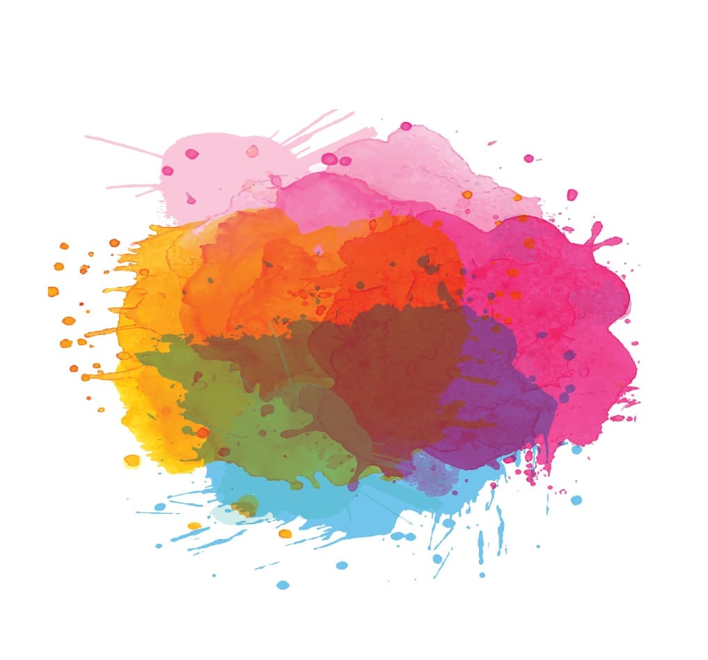 A cluster of overlapping, watercolor splashes on a white background.