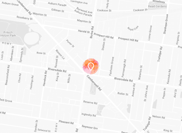 A digital map with a watercolor pin on Riversdale Rd.
